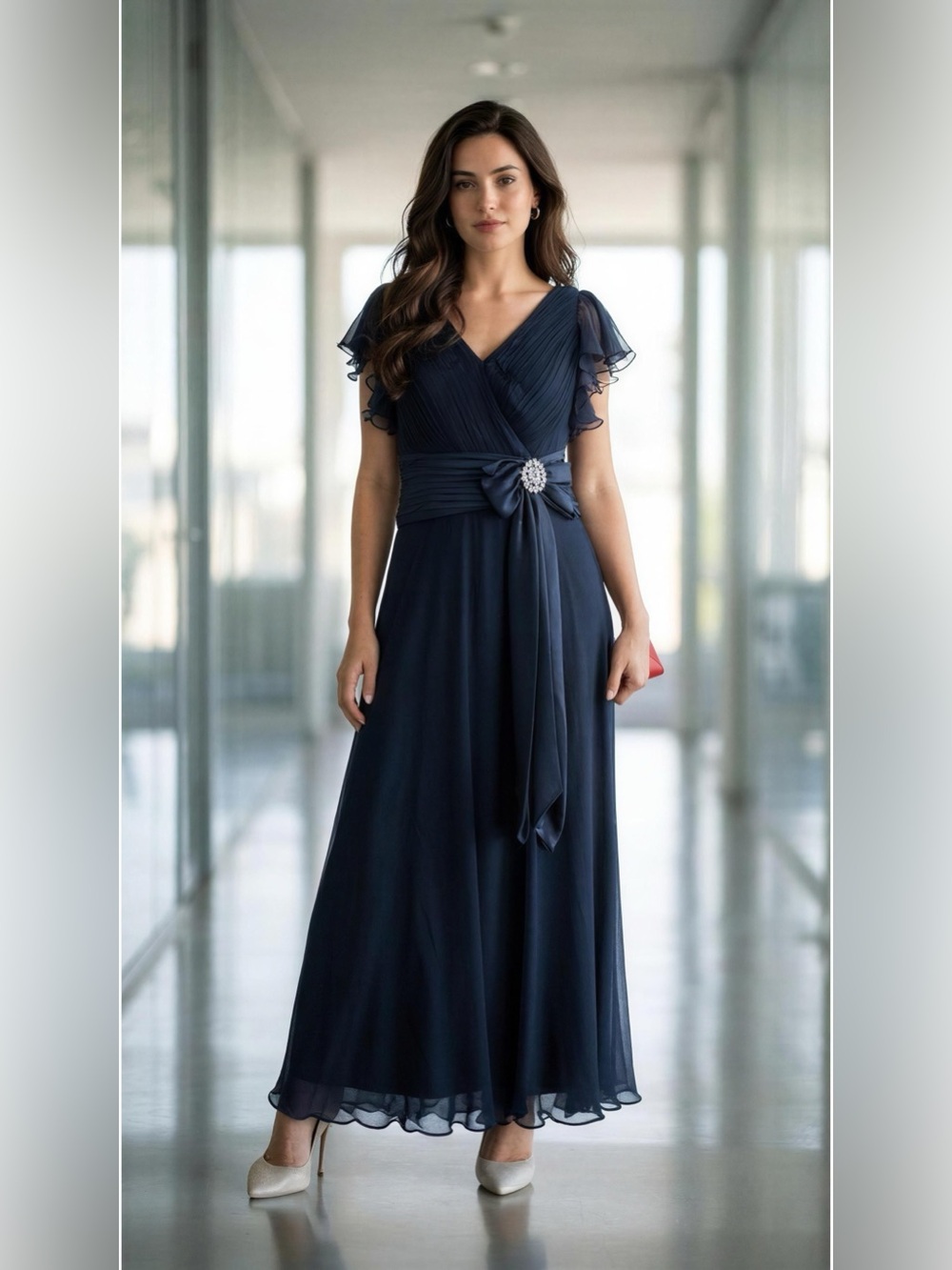 Tadashi Shoji Silk Maxi Dress Womens Size 10P Navy Blue Rhinestones Formal
Event